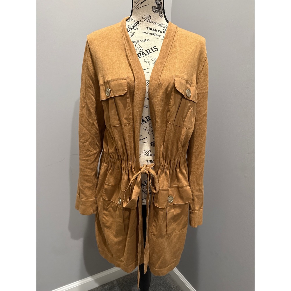 Calvin‎ Klein Women Long Sleeve Cinched Waist Utility Jacket Cardigan Tan Large